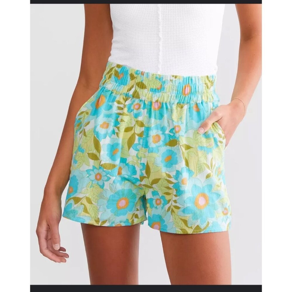 Billabong Womens Floral Cotton Shorts M Elastic Waist Lightweight Lined Summer N